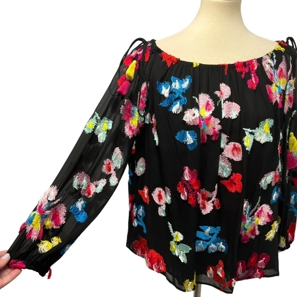 Tanya Taylor Georgette Tessa Black Silk Floral Embroidered Tassel Accent Top 8 - Picture 11 of 14